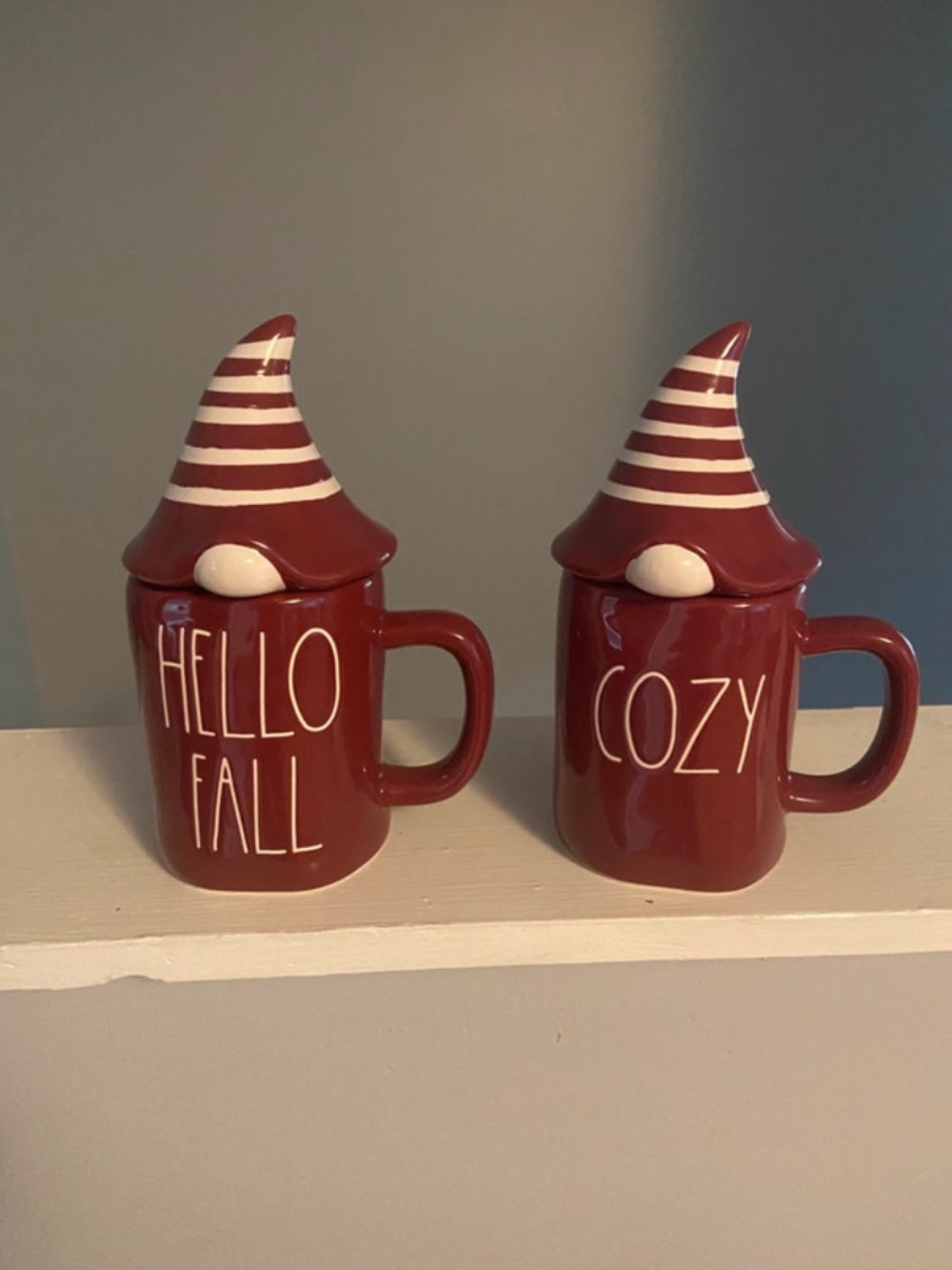 Rae Dunn Red Gnome Lid Mugs - 'Hello Fall' & 'Cozy' Set